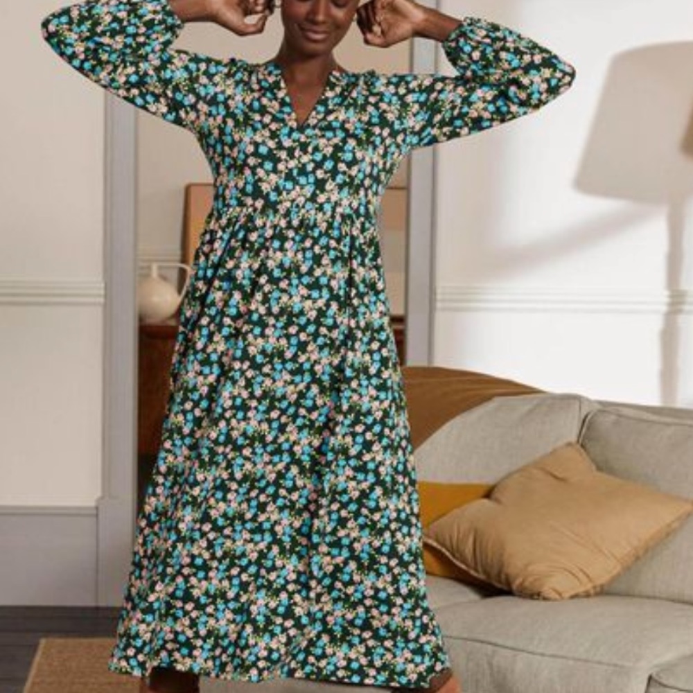 Boden Black Floral Maxi Dress with Blue and Pink Blossoms